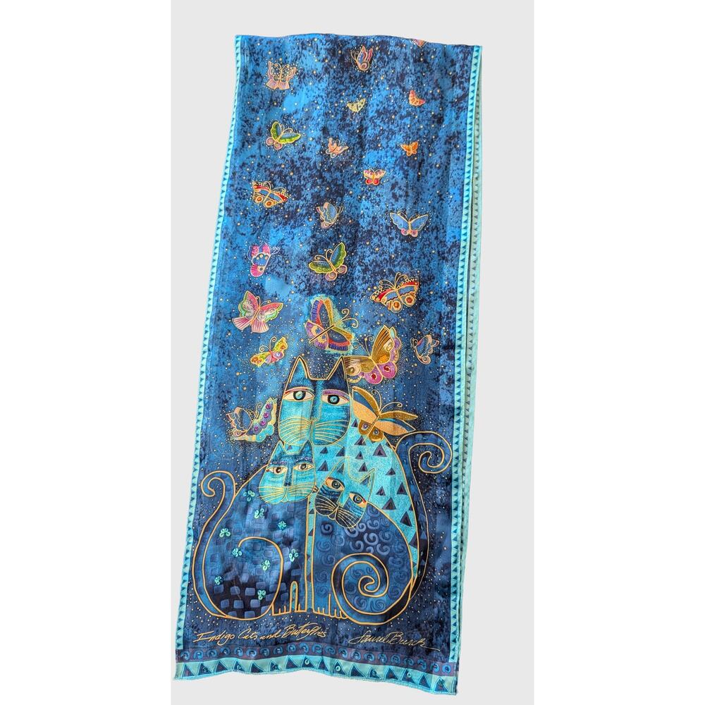 Laurel Burch Indigo Cats & Butterflies Scarf Blue Beaded Sequin Art - Picture 2 of 5